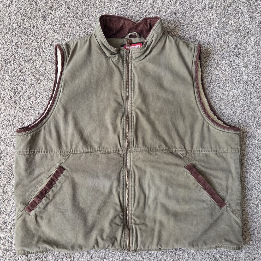 Vintage Wrangler Hero Sherpa Lined Work Vest XL Olive Green Canvas, Distressed